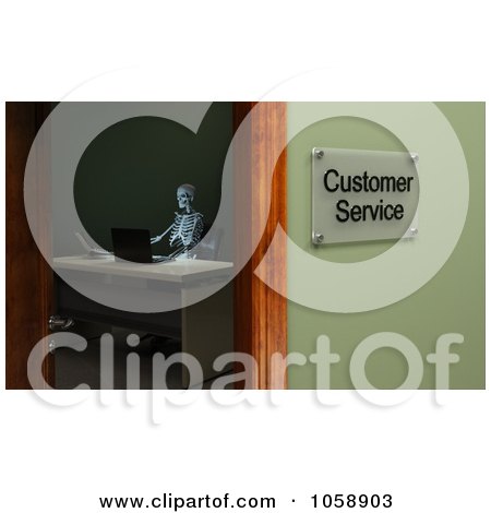 Royalty-Free CGI Clip Art Illustration of a 3d Skeleton Sitting In A Customer Service Office by stockillustrations