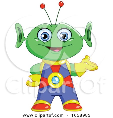 Royalty-Free Vector Clip Art Illustration of a Friendly Green Alien Presenting by yayayoyo