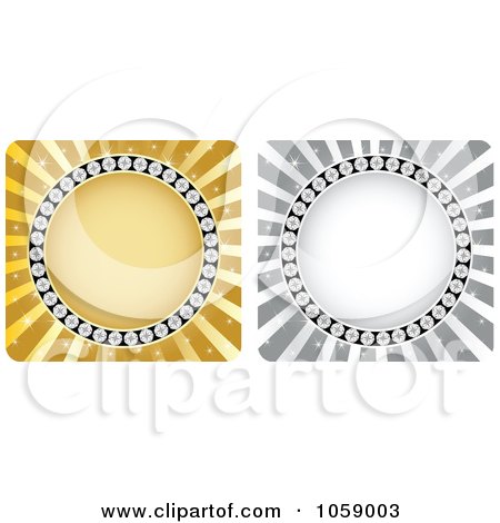 Royalty-Free Vector Clip Art Illustration of a Digital Collage Of Gold And Silver Circle Frames Of Diamonds On Rays by Andrei Marincas