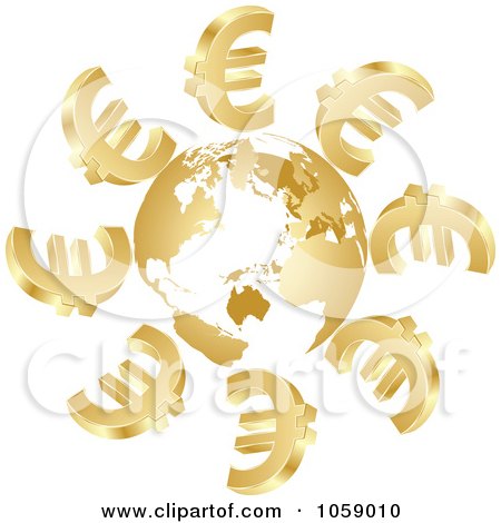 Royalty-Free Vector Clip Art Illustration of 3d Golden Euro Symbols Circling A Globe by Andrei Marincas