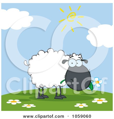 Royalty-Free Vector Clip Art Illustration of a Grazing Black Sheep On A Hill by Hit Toon