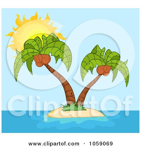 Royalty-Free Vector Clip Art Illustration of Double Palm Trees On A Tropical Island, Over Blue by Hit Toon