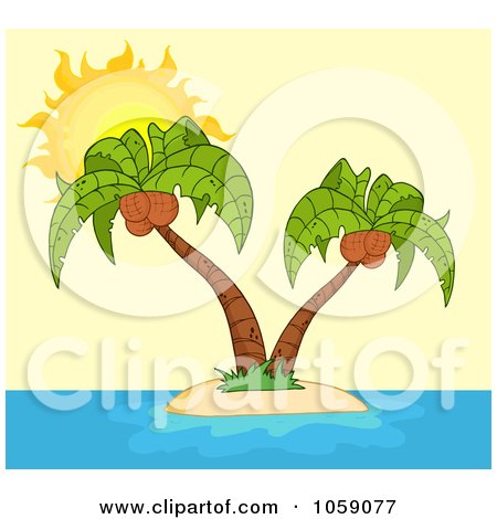 Royalty-Free Vector Clip Art Illustration of Double Palm Trees On A Tropical Island, Over Yellow by Hit Toon