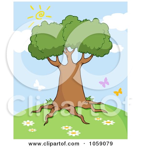 Royalty-Free Vector Clip Art Illustration of Butterflies Around A Tree On A Hill by Hit Toon