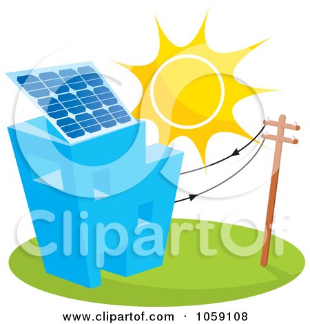 Royalty-Free Vector Clip Art Illustration of a Sun Shining On A Building With A Solar Panel by Any Vector