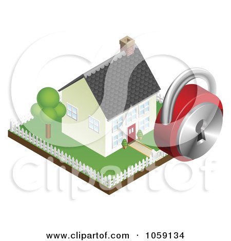 Royalty-Free CGI Clip Art Illustration of a 3d Home Security Padlock Over A Fenced Yard And Home by AtStockIllustration
