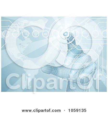 Royalty-Free CGI Clip Art Illustration of a 3d Virtual Hand Pushing A Button On A Blue Map Screen by AtStockIllustration