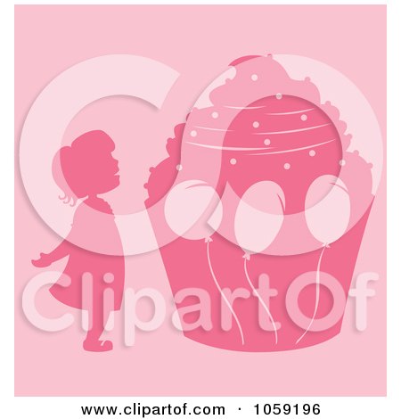 Royalty-Free Vector Clip Art Illustration of a Pink Silhouetted Girl And Giant Birthday Cupcake by Cherie Reve