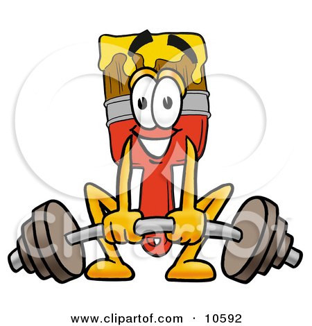 Clipart Picture of a Paint Brush Mascot Cartoon Character Lifting a Heavy Barbell by Mascot Junction