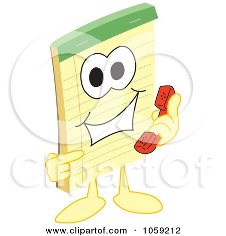 Royalty-Free Vector Clip Art Illustration of a Notepad Character Using A Phone by Mascot Junction