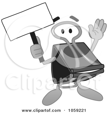 Royalty-Free Vector Clip Art Illustration of a Binder Clip Character Holding A Blank Sign by Mascot Junction
