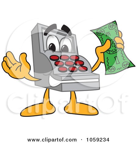 Royalty-Free Vector Clip Art Illustration of a Cash Register Character Holding A Dollar Bill by Mascot Junction