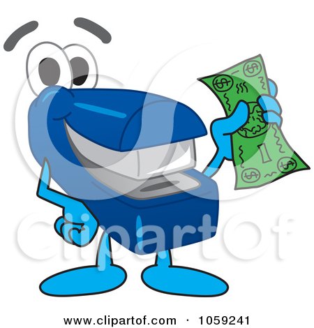 Royalty-Free Vector Clip Art Illustration of a Stapler Character Holding Cash by Mascot Junction