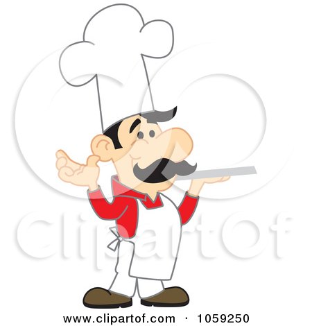Royalty-Free Vector Clip Art Illustration of a Chef In A Red Shirt, Holding A Platter by Mascot Junction