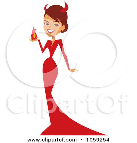 Royalty-Free Vector Clip Art Illustration of a She Devil In A Red Dress, Holding A Ball Of Fire by Monica