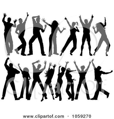 Royalty-Free Vector Clip Art Illustration of a Digital Collage Of Black Silhouetted Dancing People by KJ Pargeter
