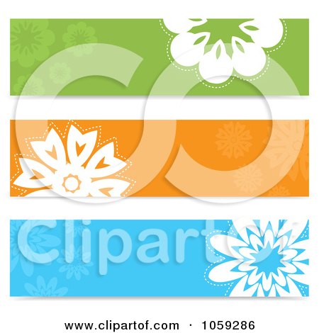 Royalty-Free Vector Clip Art Illustration of a Digital Collage Of Green, Orange And Blue Floral Web Design Banners by KJ Pargeter