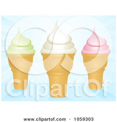 Royalty-Free Vector Clip Art Illustration of Three Ice Cream Cones On Blue Rays by elaineitalia