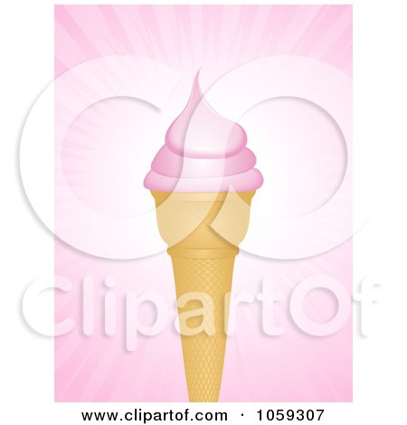Royalty-Free Vector Clip Art Illustration of a Strawberry Ice Cream Cone Over Pink Rays by elaineitalia