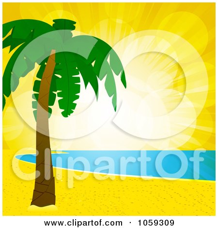 Royalty-Free Vector Clip Art Illustration of Sunset Flares Over A Tropical Beach, Shoreline And Palm Tree by elaineitalia