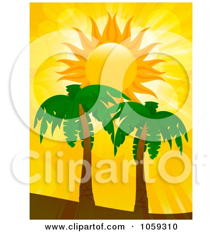 Royalty-Free Vector Clip Art Illustration of an Evening Sun Over Two Palm Trees by elaineitalia