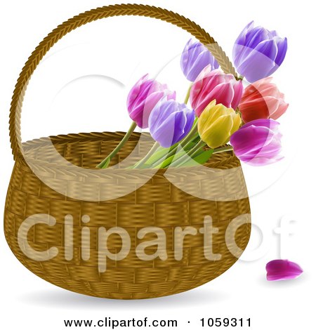 Royalty-Free Vector Clip Art Illustration of a Wicker Basket Of Spring Tulips by elaineitalia