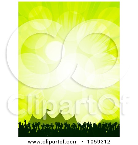 Royalty-Free Vector Clip Art Illustration of a Concert Crowd Of Hands Near Tents At A Festival, Over Green With Flares by elaineitalia