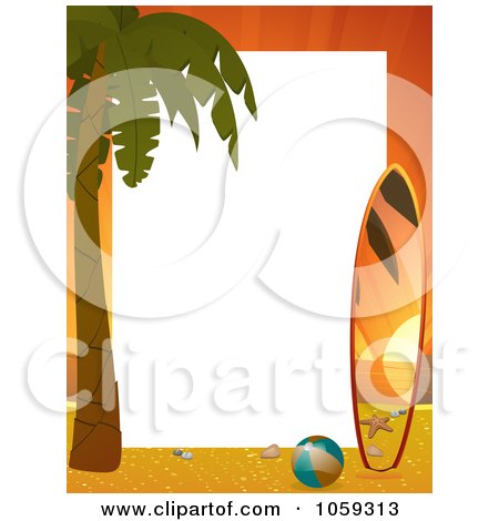 Royalty-Free Vector Clip Art Illustration of a Vertical Sunset Beach Frame With A Palm Tree And Surf Board, Around White Space by elaineitalia