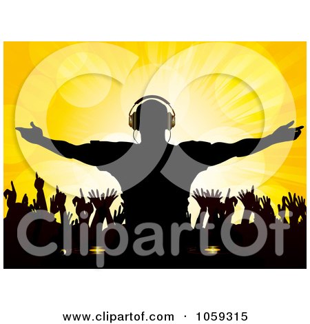 Royalty-Free Vector Clip Art Illustration of a Silhouetted Male Dj Over Dancing Fans On Yellow by elaineitalia
