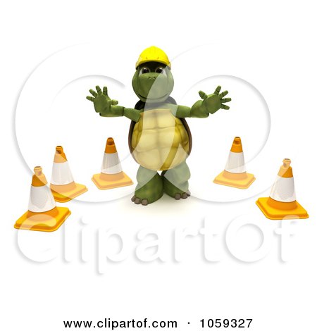 Royalty-Free CGI Clip Art Illustration of a 3d Tortoise Construction Worker Gesturing To Stop By Cones by KJ Pargeter
