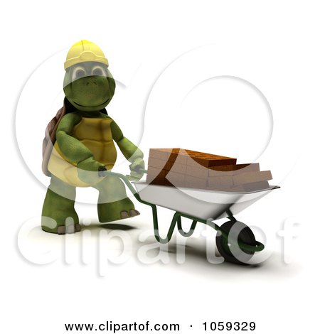 Royalty-Free CGI Clip Art Illustration of a 3d Tortoise Mason Pushing Bricks In A Wheelbarrow by KJ Pargeter