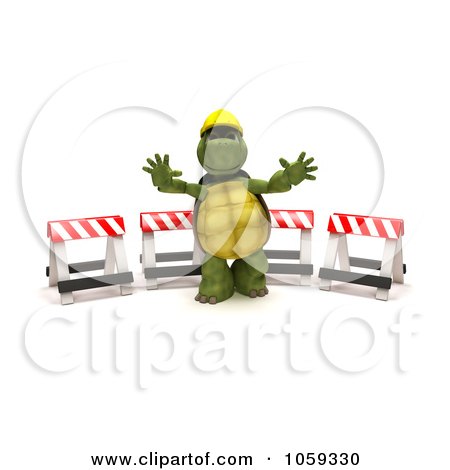 Royalty-Free CGI Clip Art Illustration of a 3d Tortoise Construction Worker Gesturing To Stop By Barricades by KJ Pargeter
