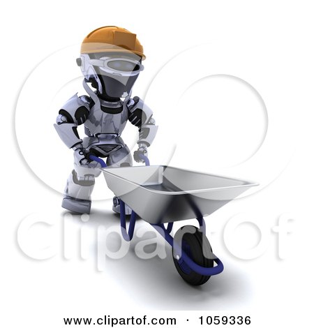 Royalty-Free CGI Clip Art Illustration of a 3d Robot Construction Worker With A Wheelbarrow by KJ Pargeter