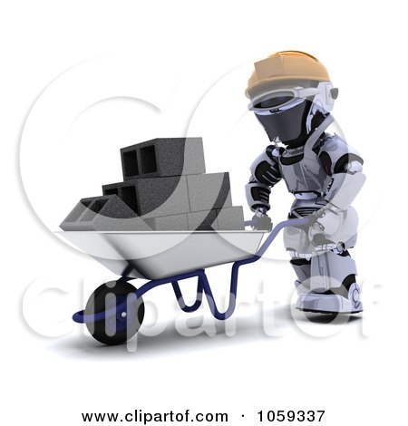 Royalty-Free CGI Clip Art Illustration of a 3d Robot Pushing Cinder Blocks In A Wheelbarrow by KJ Pargeter