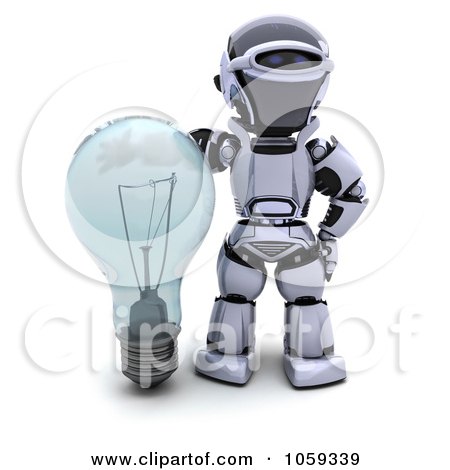 Royalty-Free CGI Clip Art Illustration of a 3d Robot With A Clear Light Bulb by KJ Pargeter