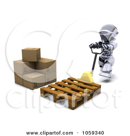 Royalty-Free CGI Clip Art Illustration of a 3d Robot Pushing A Crate To Boxes by KJ Pargeter