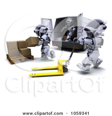 Royalty-Free CGI Clip Art Illustration of 3d Robots Loading Packages by KJ Pargeter