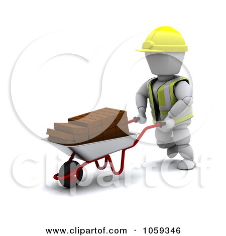 Royalty-Free CGI Clip Art Illustration of a 3d White Character Pushing Bricks In A Wheelbarrow by KJ Pargeter