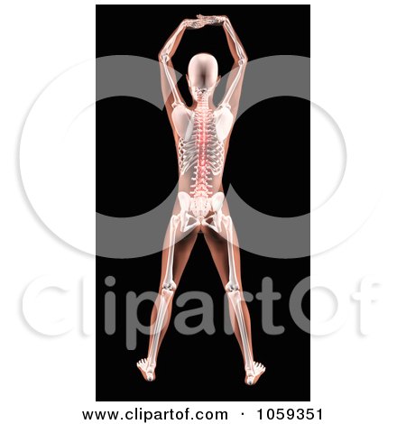 Royalty-Free CGI Clip Art Illustration of a 3d Woman's Body, Arms Stretched Up And Spinal Pain Highlighted by KJ Pargeter