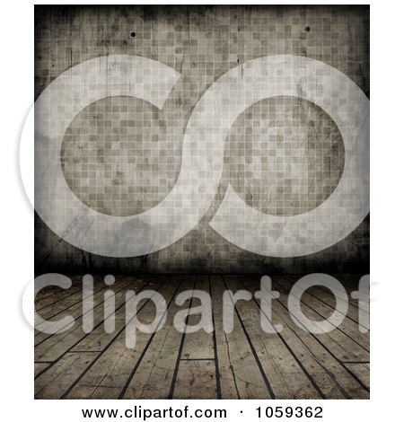 Royalty-Free CGI Clip Art Illustration of a Sepia Background Of Grungy Wood Floors And Tiled Wall by KJ Pargeter