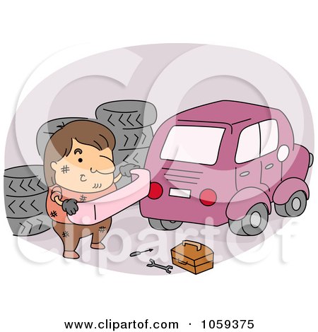 Royalty-Free Vector Clip Art Illustration of a Car Mechanic Carrying A Bumper by BNP Design Studio