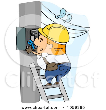 Royalty-Free Vector Clip Art Illustration of an Electrician On A Ladder, Working On A Cable Box by BNP Design Studio