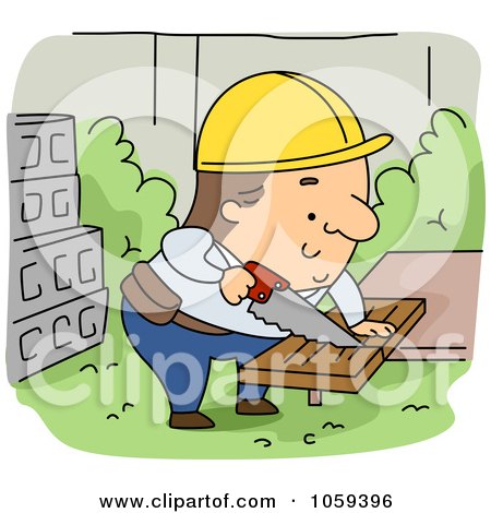 Royalty-Free Vector Clip Art Illustration of a Builder Sawing Wood by BNP Design Studio