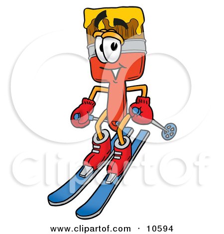 Clipart Picture of a Paint Brush Mascot Cartoon Character Skiing Downhill by Mascot Junction