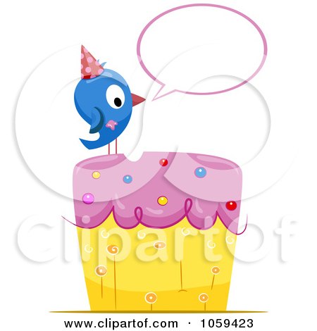Royalty-Free Vector Clip Art Illustration of a Blue Bird With A Speech Balloon On A Birthday Cake by BNP Design Studio