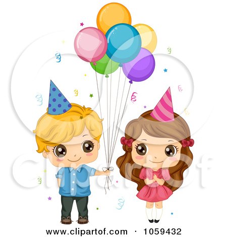 Royalty-Free Vector Clip Art Illustration of a Cute Birthday Boy Giving Balloons To A Girl by BNP Design Studio