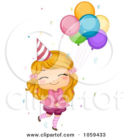 Royalty-Free Vector Clip Art Illustration of a Cute Birthday Girl Holding Onto Balloons by BNP Design Studio