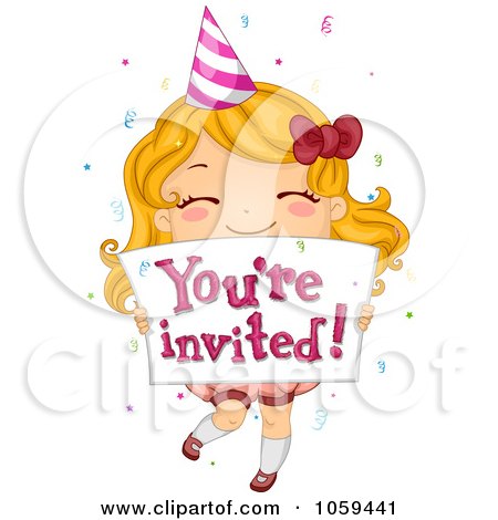 Royalty-Free Vector Clip Art Illustration of a Cute Birthday Girl Holding A You're Invited Sign by BNP Design Studio