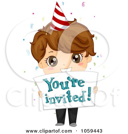 Royalty-Free Vector Clip Art Illustration of a Cute Birthday Boy Holding A You're Invited Sign by BNP Design Studio