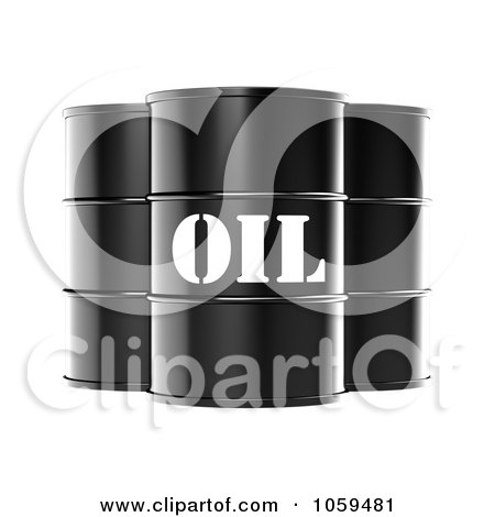 Royalty-Free CGI Clip Art Illustration of 3d Black Barrels Of Gasoline With Oil On The Front by ShazamImages